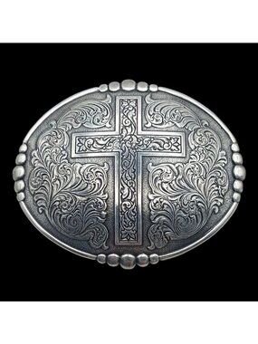 Crumrine Silver Plated Floral Engraved Beaded Western Cross Oval Belt Buckle